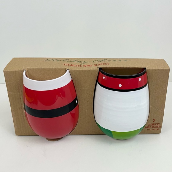 Holiday Cheer Stemless Wine Glasses Santa Snowman Christmas Set of 2 NEW - Picture 11 of 11